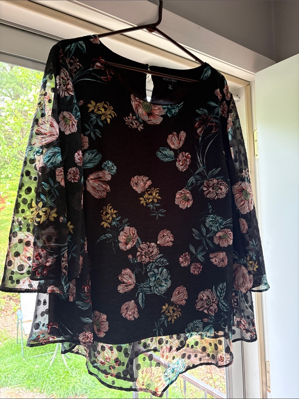 Roz & Ali Black Floral Mesh-Sleeve Blouse with Pink & Teal Accents